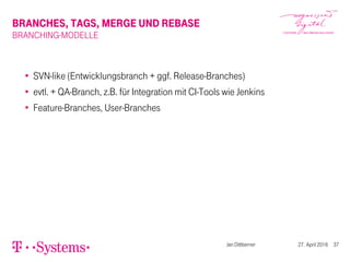BRANCHES, TAGS, MERGE UND REBASE
BRANCHING-MODELLE
SVN-like (Entwicklungsbranch + ggf. Release-Branches)
evtl. + QA-Branch, z.B. für Integration mit CI-Tools wie Jenkins
Feature-Branches, User-Branches
Jan Dittberner 27. April 2016 37
 