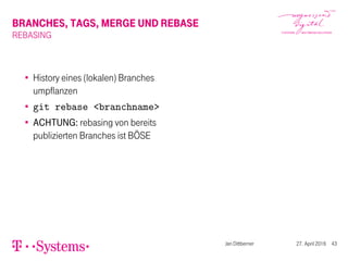 BRANCHES, TAGS, MERGE UND REBASE
REBASING
History eines (lokalen) Branches
umpflanzen
git rebase <branchname>
ACHTUNG: rebasing von bereits
publizierten Branches ist BÖSE
Jan Dittberner 27. April 2016 43
 