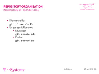REPOSITORY-ORGANISATION
INTERAKTION MIT REPOSITORIES
Klone erstellen
git clone <url>
Umgang mit Remotes
hinzufügen
git remote add
löschen
git remote rm
Jan Dittberner 27. April 2016 50
 