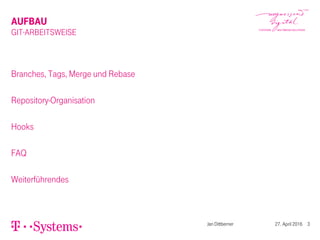 AUFBAU
GIT-ARBEITSWEISE
Branches, Tags, Merge und Rebase
Repository-Organisation
Hooks
FAQ
Weiterführendes
Jan Dittberner 27. April 2016 3
 