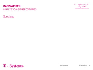 BASISWISSEN
INHALTE VON GIT-REPOSITORIES
Sonstiges
Jan Dittberner 27. April 2016 14
 