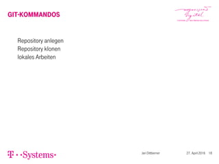 GIT-KOMMANDOS
Repository anlegen
Repository klonen
lokales Arbeiten
Jan Dittberner 27. April 2016 18
 