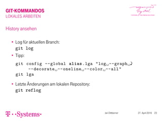 GIT-KOMMANDOS
LOKALES ARBEITEN
History ansehen
Log für aktuellen Branch:
git log
Tipp:
git config --global alias.lga "log␣--graph␣
--decorate␣--oneline␣--color␣--all"
git lga
Letzte Änderungen am lokalen Repository:
git reflog
Jan Dittberner 27. April 2016 23
 