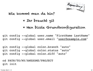 Wie kommt man da hin?

                        * Ihr braucht git

                        * Nen bissle Grundkonfiguration

   git config --global user.name "FirstName LastName"
   git config --global user.email "user@example.com"

   git config --global color.branch "auto"
   git config --global color.status "auto"
   git config --global color.diff "auto"

   cd PATH/TO/MY/AWESOME/PROJECT
   git init
Thursday, March 1, 12                                     22
 