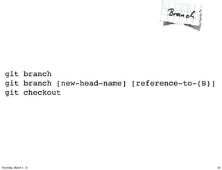 git branch
  git branch [new-head-name] [reference-to-(B)]
  git checkout




Thursday, March 1, 12                             30
 