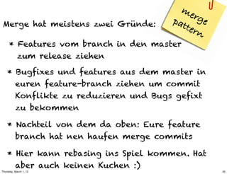 me
                                      pat  rge
 Merge hat meistens zwei Gründe:         ter
                                             n
     * Features vom branch in den master
       zum release ziehen

    * Bugfixes und features aus dem master in
      euren feature-branch ziehen um commit
      Konflikte zu reduzieren und Bugs gefixt
      zu bekommen

    * Nachteil von dem da oben: Eure feature
      branch hat nen haufen merge commits

    * Hier kann rebasing ins Spiel kommen. Hat
      aber auch keinen Kuchen :)
Thursday, March 1, 12                            35
 