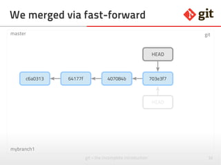 32git – the incomplete introduction
We merged via fast-forward
master git
HEAD
c6a0313 64177f
mybranch1
407084b 703e3f7
HEAD
 