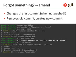 47git – the incomplete introduction
Forgot something? --amend
●
Changes the last commit (when not pushed!)
●
Removes old commit, creates new commit
Local ~mytest$ change two files
Local ~mytest$ git commit -m “Updated two files”
Local ~mytest$ git log --stat
* 5cb60ce (HEAD, master) Updated two files
| foobar.txt | 1 +
| 1 file changed, 1 insertion(+)
* 0da605d Merge branch 'oauth.fix'
Local ~mytest$ git add file2.txt
Local ~mytest$ git commit --amend -m “Really updated two files”
Local ~mytest$ git log --stat
* c3ae1b1 (HEAD, master) Really updated two files
| foobar.txt | 1 +
| readme.txt | 1 +
| 2 files changed, 2 insertions(+)
* 0da605d Merge branch 'oauth.fix'
 