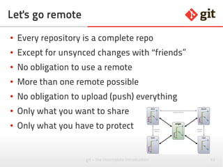 63git – the incomplete introduction
Let's go remote
● Every repository is a complete repo
● Except for unsynced changes with “friends”
● No obligation to use a remote
● More than one remote possible
● No obligation to upload (push) everything
● Only what you want to share
● Only what you have to protect
 
