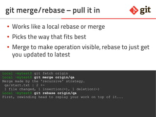 66git – the incomplete introduction
git merge/rebase – pull it in
● Works like a local rebase or merge
● Picks the way that fits best
● Merge to make operation visible
● Rebase to just get you updated to latest
Local ~mytest$ git fetch origin
Local ~mytest$ git merge origin/qa
Merge made by the 'recursive' strategy.
qa/start.txt | 2 +-
1 file changed, 1 insertion(+), 1 deletion(-)
Local ~mytest$ git rebase origin/qa
First, rewinding head to replay your work on top of it...
 