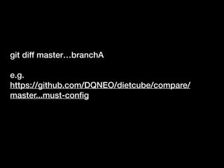 git diff master…branchA
e.g.
https://github.com/DQNEO/dietcube/compare/
master...must-conﬁg
 