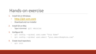 Hands-on exercise
1. Install Git on Windows
◦ http://git-scm.com
◦ Download and run installer
2. Install Git on Mac
◦ Type in terminal: git version
3. Configure Git
◦ git config –-global user.name “Your Name”
◦ git config --global user.email “your.email@sephora.com”
4. Create local repository
◦ git init
 