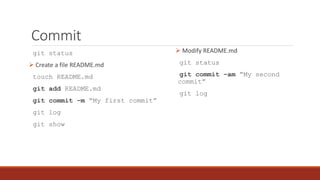 Commit
git status
 Create a file README.md
touch README.md
git add README.md
git commit –m “My first commit”
git log
git show
 Modify README.md
git status
git commit –am “My second
commit”
git log
 