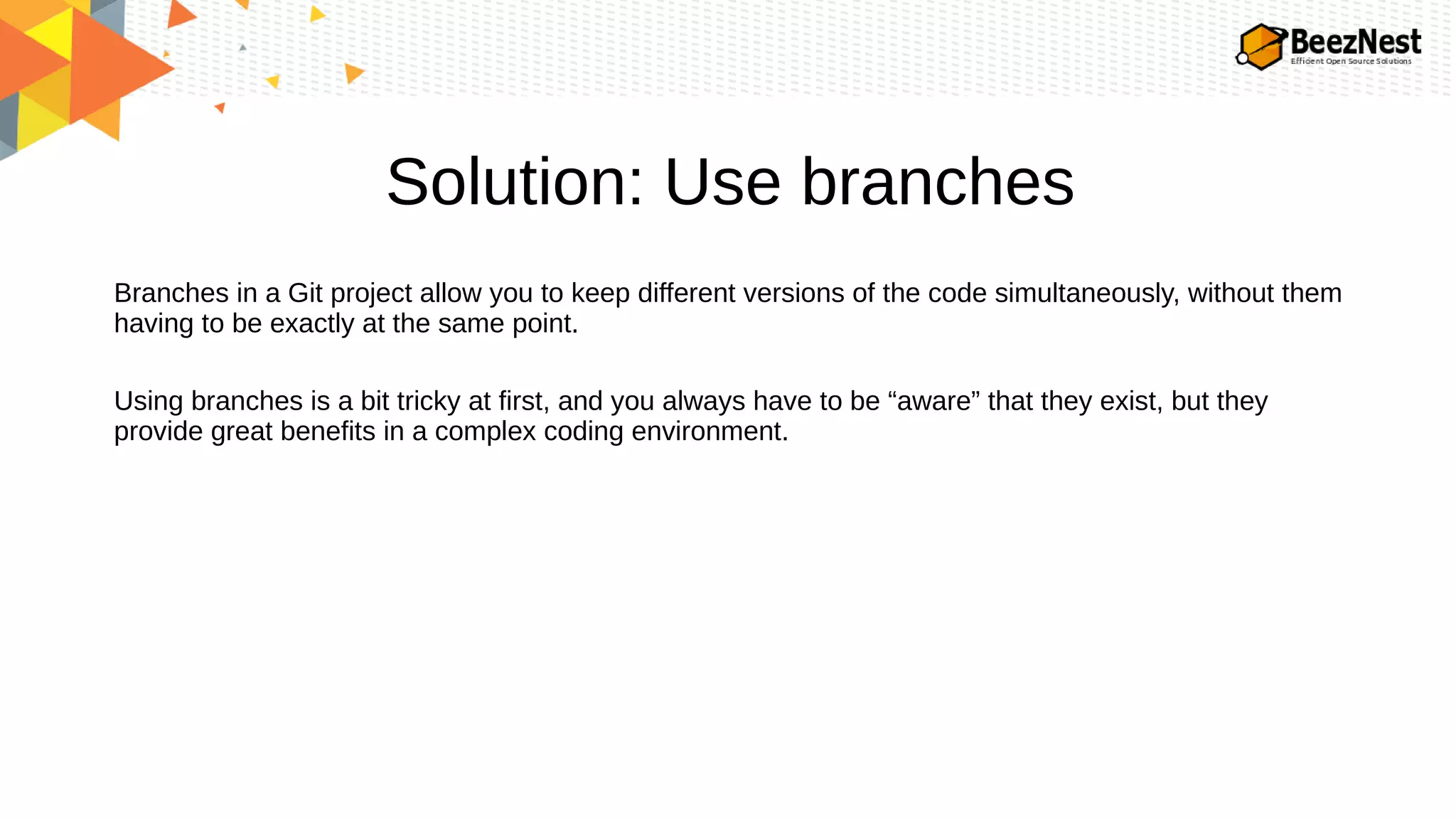 Solution: Use branches
Branches in a Git project allow you to keep different versions of the code simultaneously, without them
having to be exactly at the same point.
Using branches is a bit tricky at first, and you always have to be “aware” that they exist, but they
provide great benefits in a complex coding environment.
 