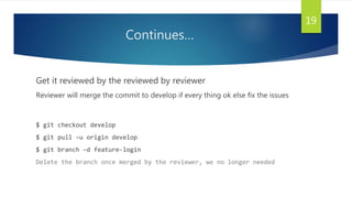 Continues…
Get it reviewed by the reviewed by reviewer
Reviewer will merge the commit to develop if every thing ok else fix the issues
$ git checkout develop
$ git pull –u origin develop
$ git branch –d feature-login
Delete the branch once merged by the reviewer, we no longer needed
19
 
