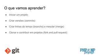 O que vamos aprender?
● Iniciar um projeto
● Criar versões (commits)
● Criar linhas do tempo (branchs) e mesclar (merge)
● Clonar e contribuir em projetos (fork and pull request)
 