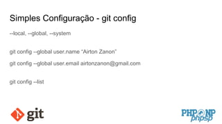 Simples Configuração - git config
--local, --global, --system
git config --global user.name “Airton Zanon”
git config --global user.email airtonzanon@gmail.com
git config --list
 