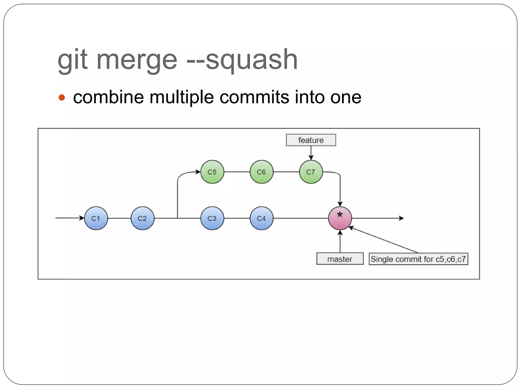 git merge --squash
 combine multiple commits into one
 