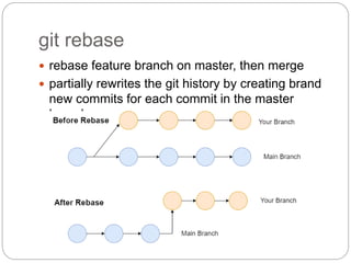git rebase
 rebase feature branch on master, then merge
 partially rewrites the git history by creating brand
new commits for each commit in the master
branch
 