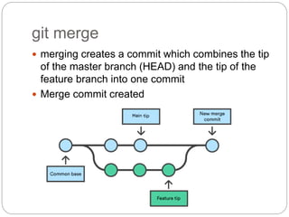 git merge
 merging creates a commit which combines the tip
of the master branch (HEAD) and the tip of the
feature branch into one commit
 Merge commit created
 