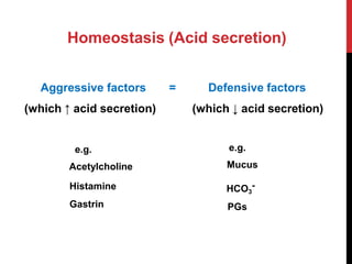 Homeostasis (Acid secretion)
Aggressive factors =
(which ↑ acid secretion)
e.g.
Acetylcholine
Histamine
Gastrin
Defensive factors
(which ↓ acid secretion)
e.g.
Mucus
HCO3
-
PGs
 