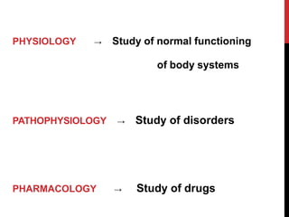PHYSIOLOGY → Study of normal functioning
of body systems
PATHOPHYSIOLOGY → Study of disorders
PHARMACOLOGY → Study of drugs
 