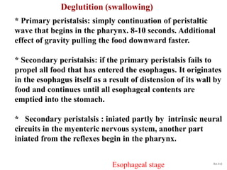 * Primary peristalsis: simply continuation of peristaltic
wave that begins in the pharynx. 8-10 seconds. Additional
effect of gravity pulling the food downward faster.
* Secondary peristalsis: if the primary peristalsis fails to
propel all food that has entered the esophagus. It originates
in the esophagus itself as a result of distension of its wall by
food and continues until all esophageal contents are
emptied into the stomach.
* Secondary peristalsis : iniated partly by intrinsic neural
circuits in the myenteric nervous system, another part
iniated from the reflexes begin in the pharynx.
Deglutition (swallowing)
Esophageal stage NA 5/12
 