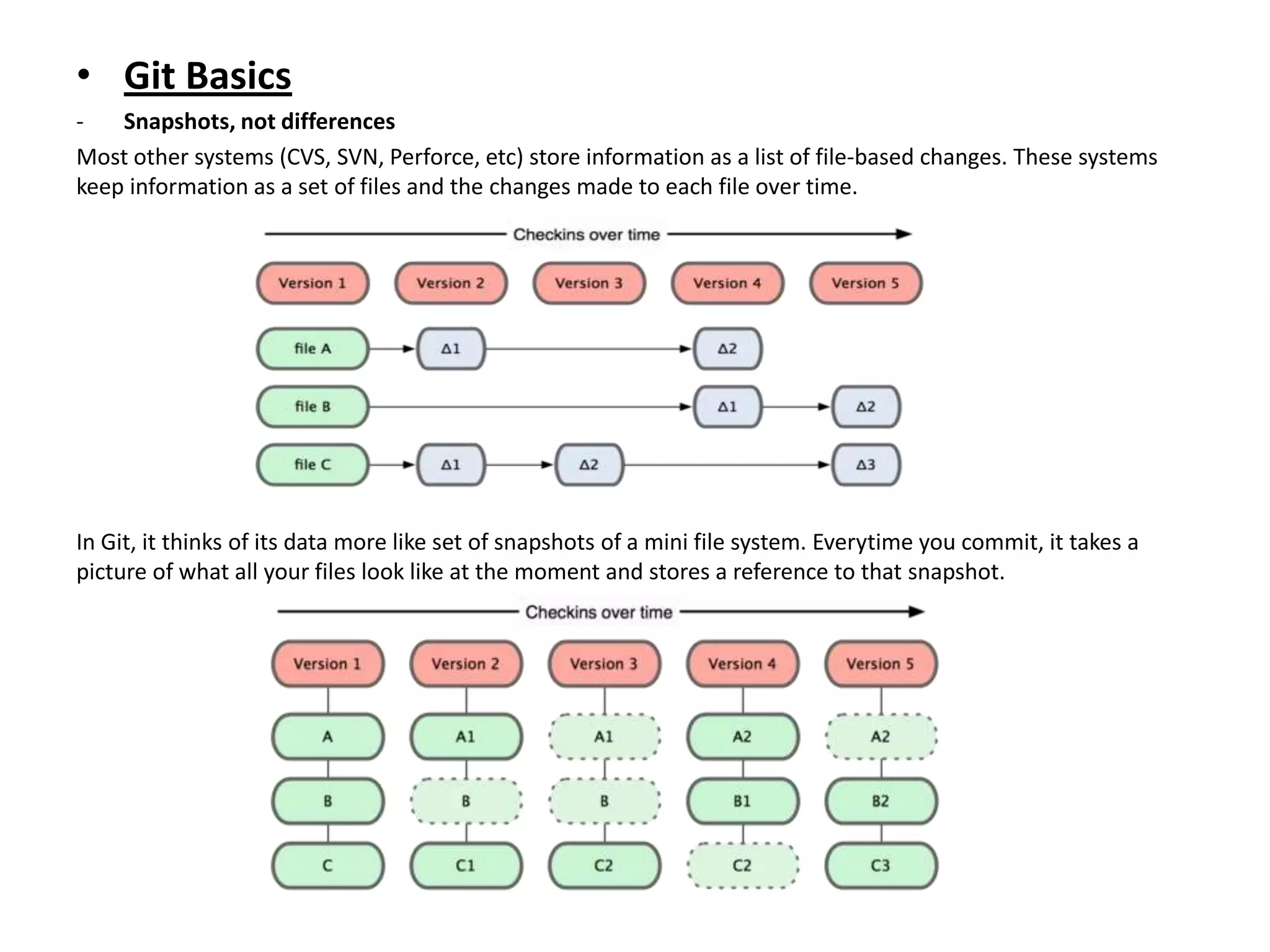 • Git Basics
-   Snapshots, not differences
Most other systems (CVS, SVN, Perforce, etc) store information as a list of file-based changes. These systems
keep information as a set of files and the changes made to each file over time.




In Git, it thinks of its data more like set of snapshots of a mini file system. Everytime you commit, it takes a
picture of what all your files look like at the moment and stores a reference to that snapshot.
 