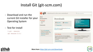 More here: https://git-scm.com/downloads
Install Git (git-scm.com)
- Download and run the
current Git installer for your
Operating System
- Test for install
 