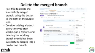 Delete the merged branch
- Feel free to delete the
successfully merged
branch, using the button
to the right of the purple
icon.
- Consider adding a branch
every time you start
working on a feature, and
deleting the working
branch once it has been
successfully merged into a
production branch.
 