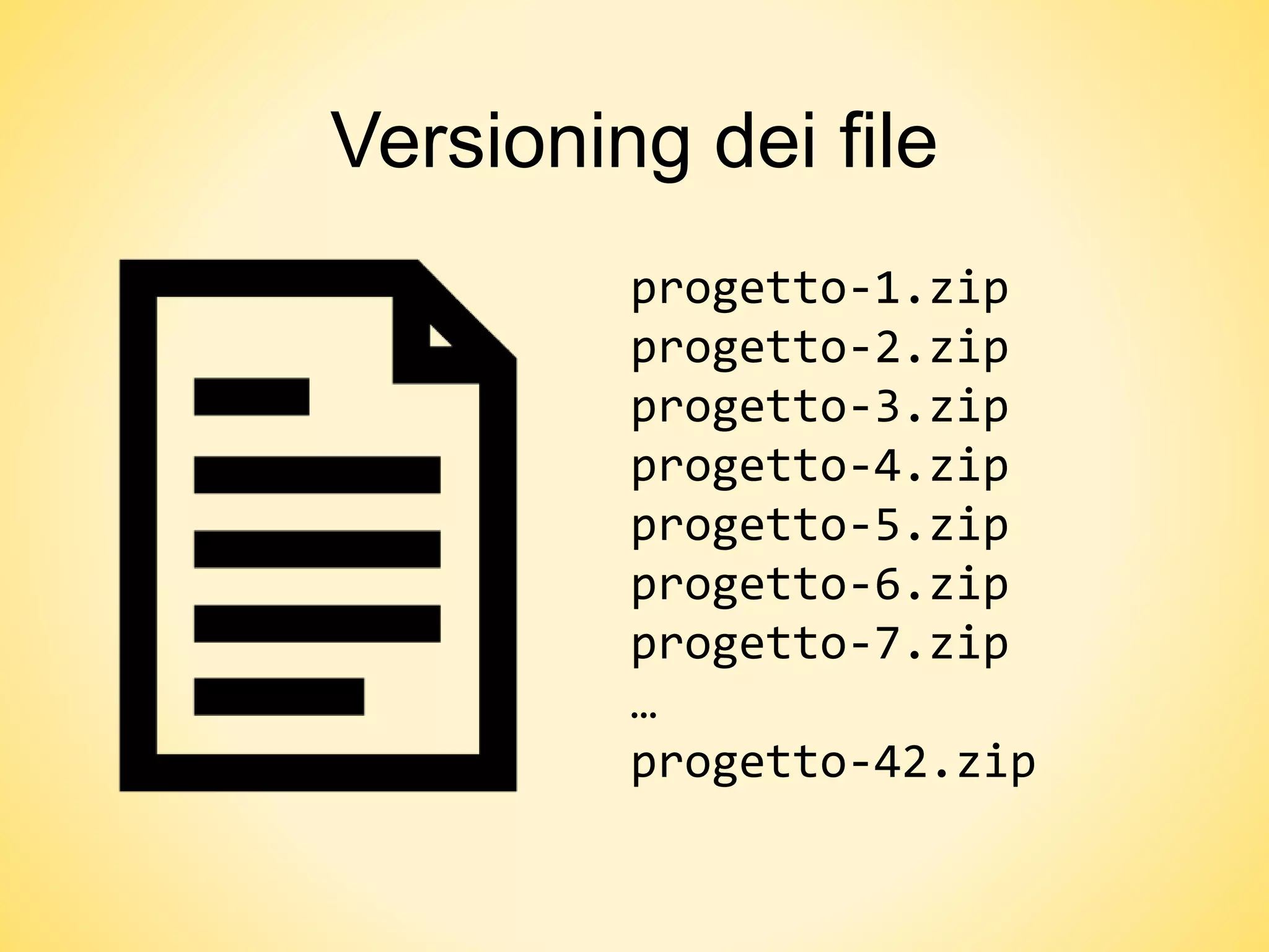 Versioning dei file
progetto-1.zip
progetto-2.zip
progetto-3.zip
progetto-4.zip
progetto-5.zip
progetto-6.zip
progetto-7.zip
…
progetto-42.zip
 