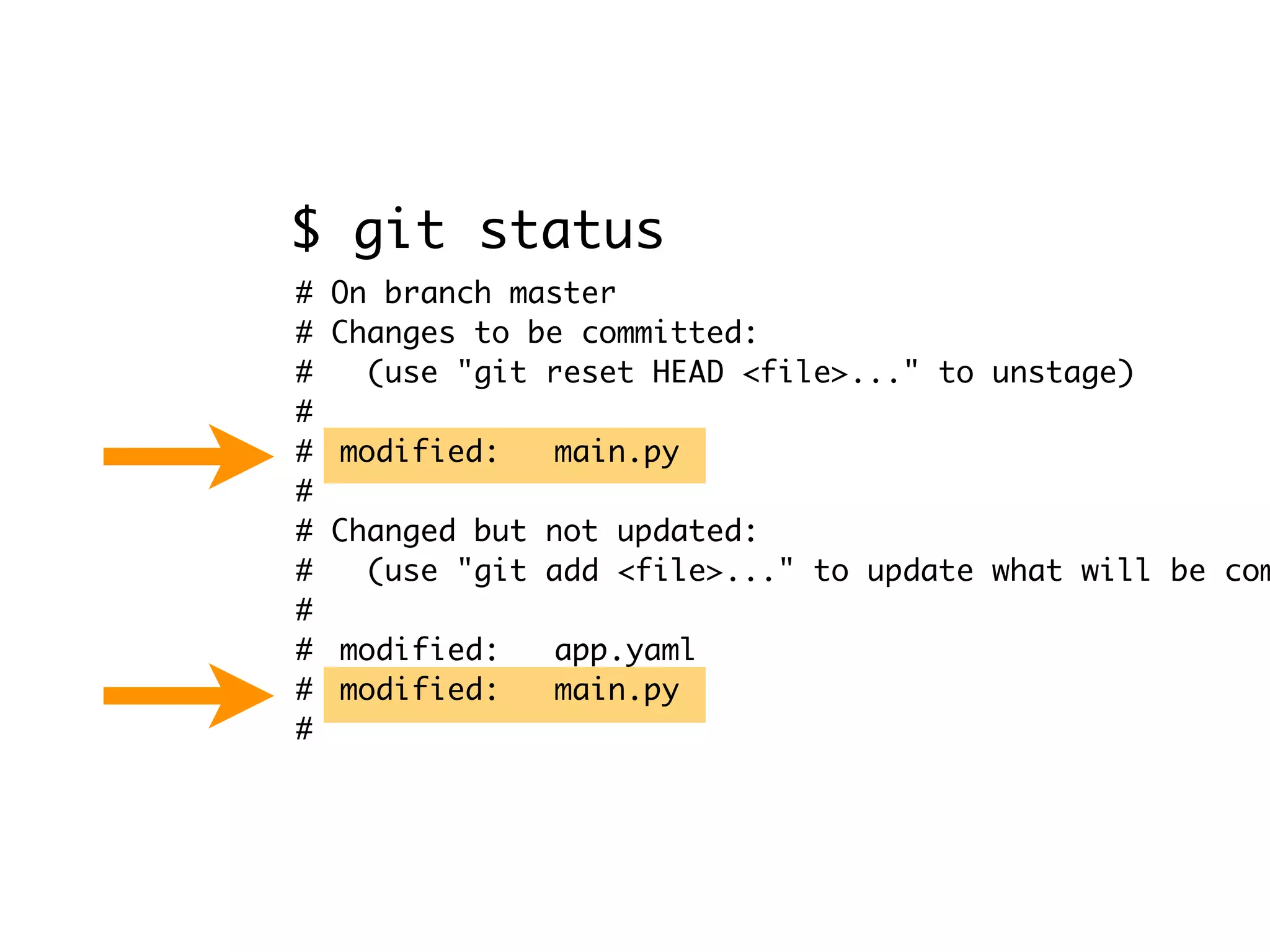 # On branch master # Changes to be committed: # (use "git reset HEAD <file>..." to unstage) # # modified: main.py # # Changed but not updated: # (use "git add <file>..." to update what will be com # # modified: app.yaml # modified: main.py # $ git status 