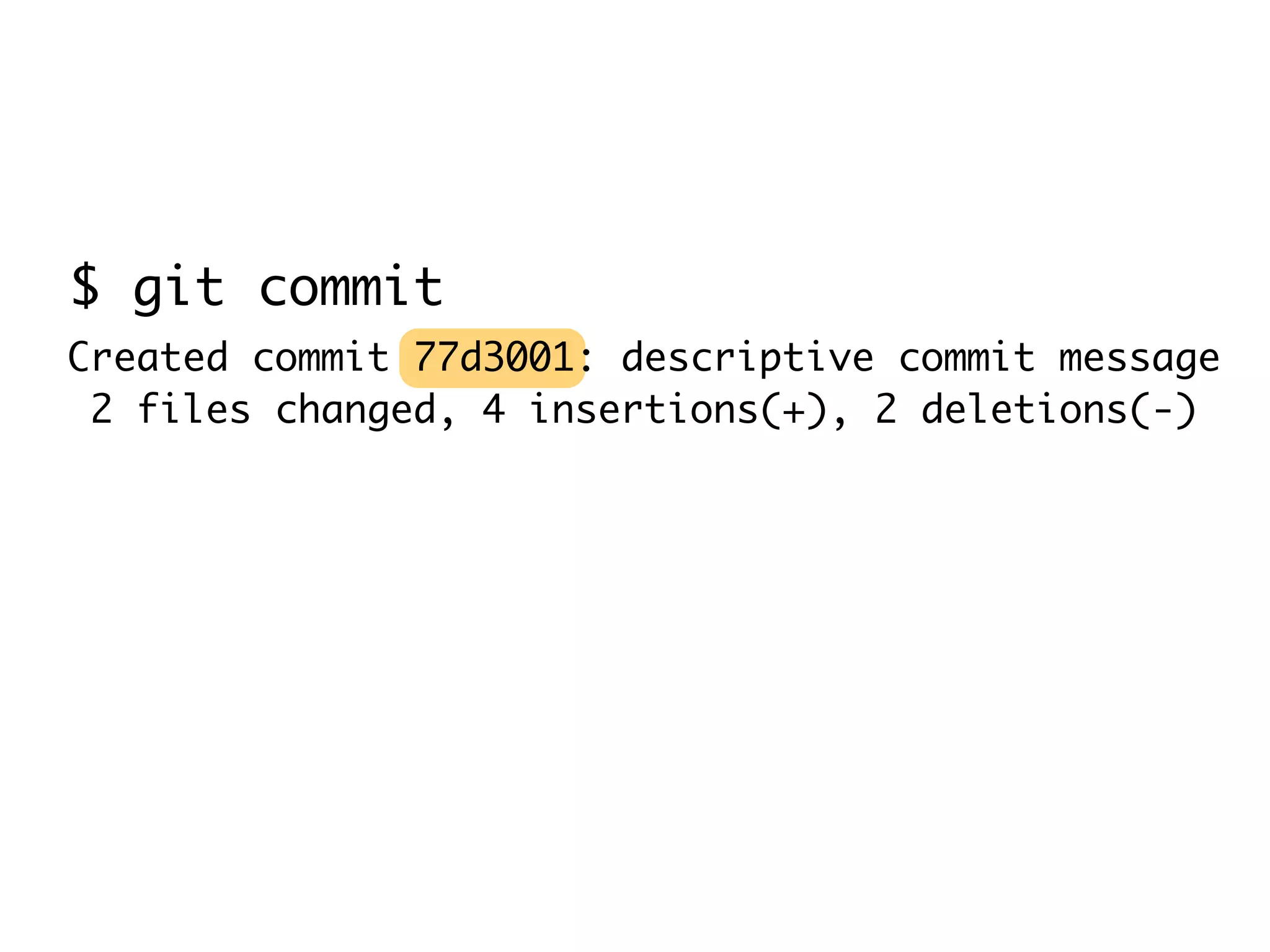 $ git commit Created commit 77d3001: descriptive commit message 2 files changed, 4 insertions(+), 2 deletions(-) 