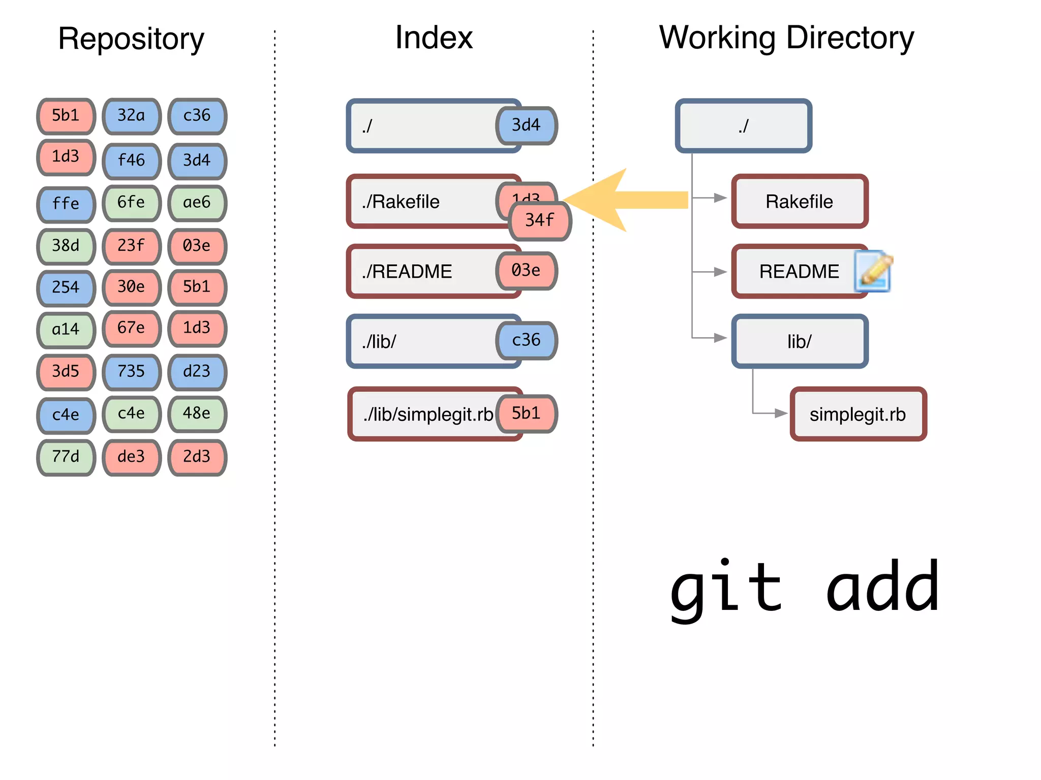 Repository 3d4 03e ae6 5b1 1d3 c36 f46 23f 6fe 30e 67e 32a ffe 38d 5b1 1d3 254 a14 d23 2d3 48e 735 de3 c4ec4e 77d 3d5 Working DirectoryIndex Rakeﬁle README simplegit.rb ./ lib/ ./Rakeﬁle ./README ./lib/simplegit.rb ./ ./lib/ c36 3d4 03e 5b1 1d3 git add 34f 