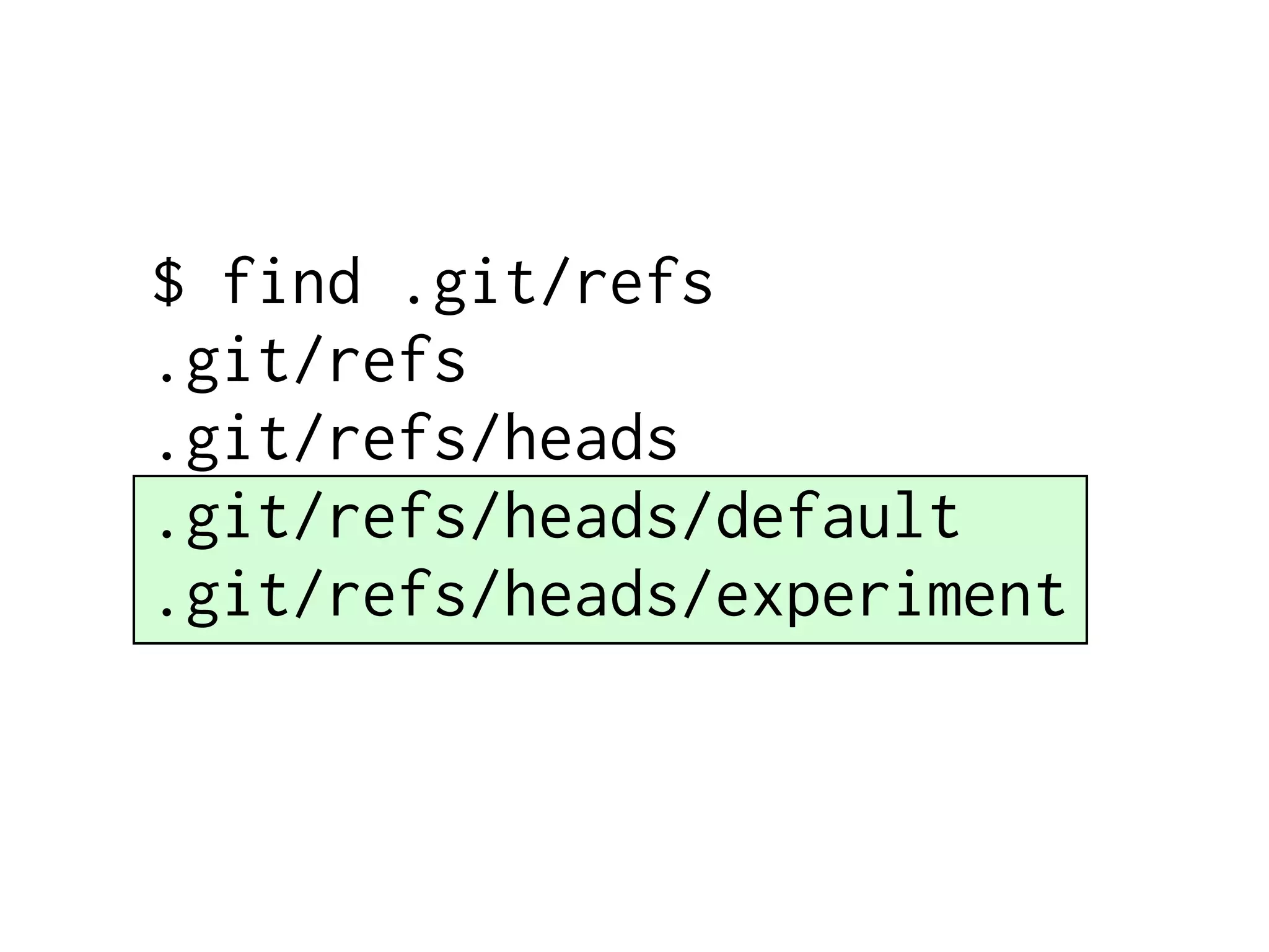 $ find .git/refs .git/refs .git/refs/heads .git/refs/heads/default .git/refs/heads/experiment 