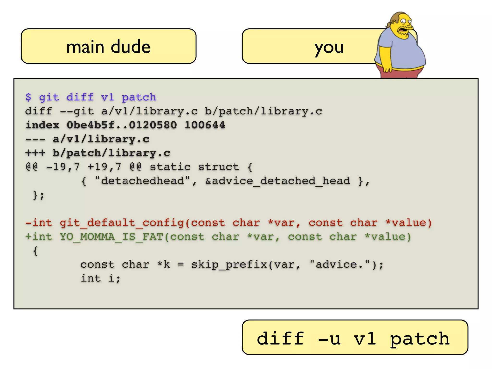 main dude main.c library.c library.h ver-1.0.zip you v1/main.c v1/library.c v1/library.h cp -Rf v1 patch patch/main.c patch/library.c* patch/library.h diff -u v1 patch $ git diff v1 patch diff --git a/v1/library.c b/patch/library.c index 0be4b5f..0120580 100644 --- a/v1/library.c +++ b/patch/library.c @@ -19,7 +19,7 @@ static struct { { "detachedhead", &advice_detached_head }, }; -int git_default_config(const char *var, const char *value) +int YO_MOMMA_IS_FAT(const char *var, const char *value) { const char *k = skip_prefix(var, "advice."); int i; 