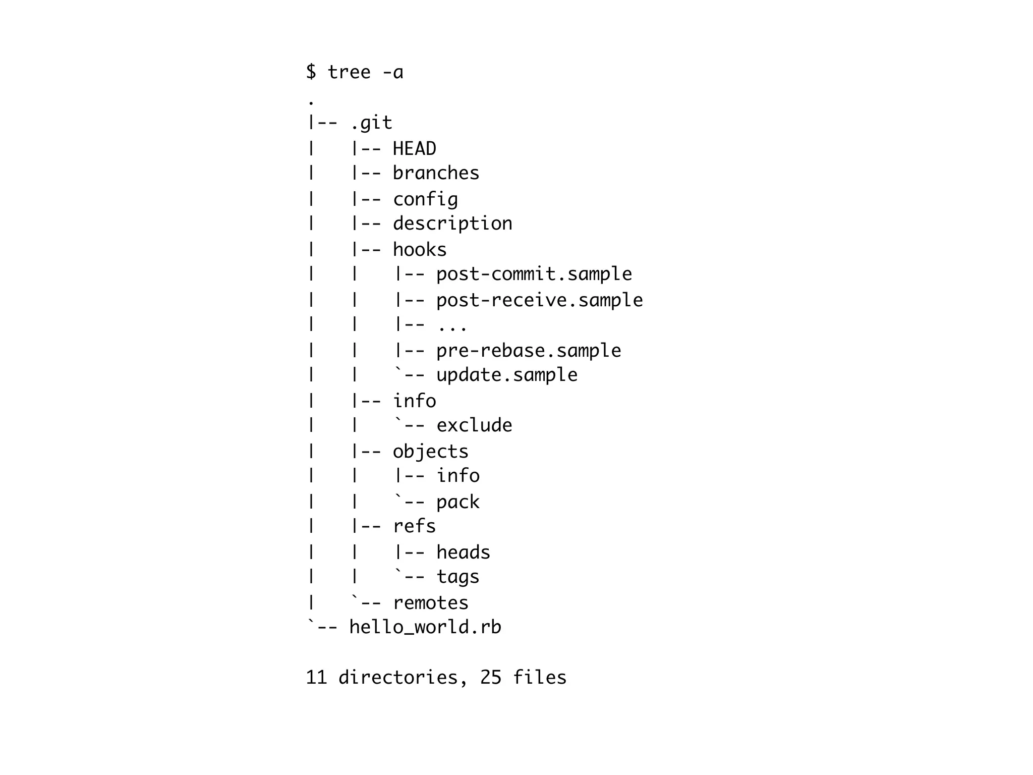$ tree -a . |-- .git | |-- HEAD | |-- branches | |-- config | |-- description | |-- hooks | | |-- post-commit.sample | | |-- post-receive.sample | | |-- ... | | |-- pre-rebase.sample | | `-- update.sample | |-- info | | `-- exclude | |-- objects | | |-- info | | `-- pack | |-- refs | | |-- heads | | `-- tags | `-- remotes `-- hello_world.rb 11 directories, 25 files 