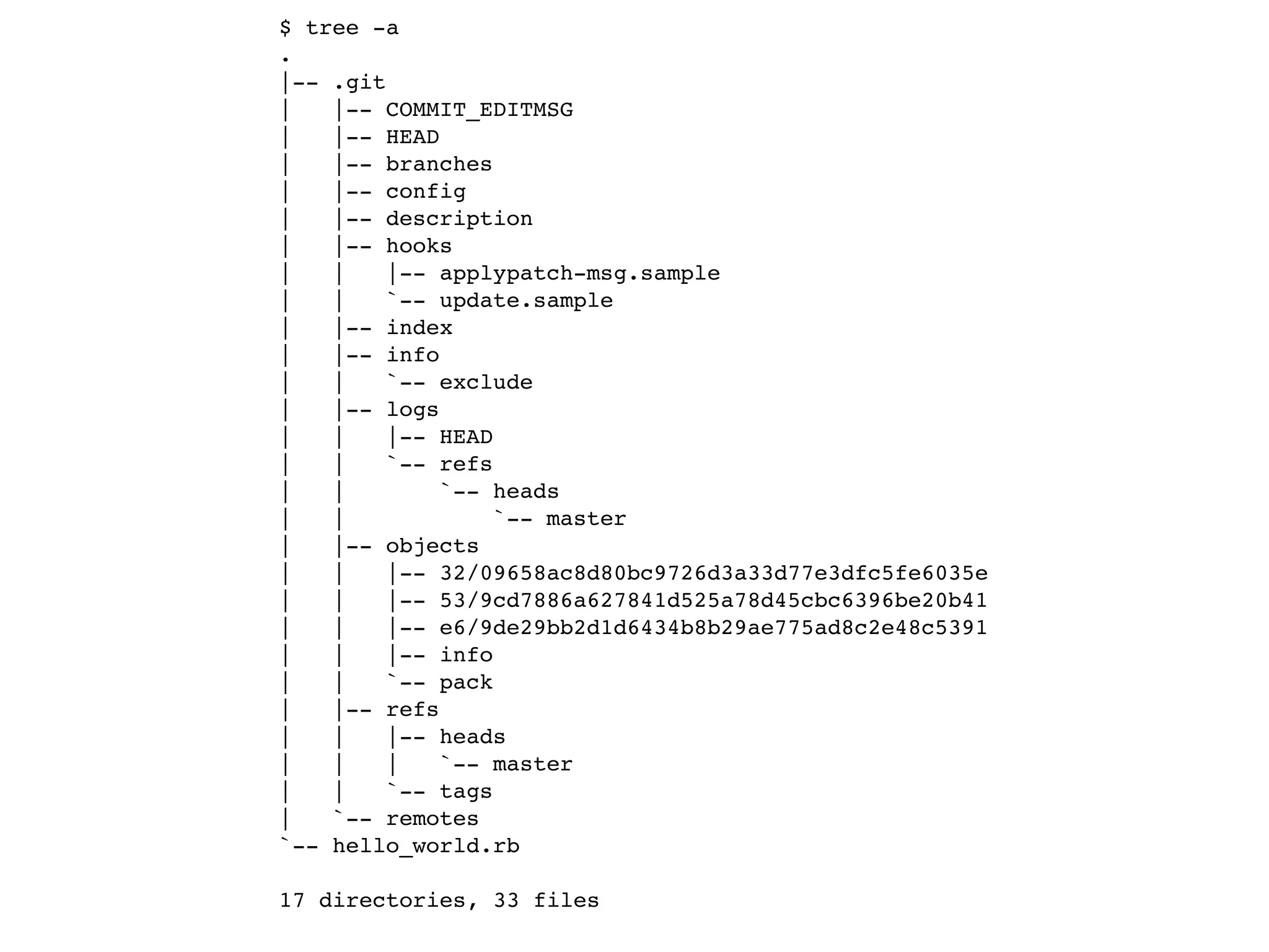 $ tree -a . |-- .git | |-- COMMIT_EDITMSG | |-- HEAD | |-- branches | |-- config | |-- description | |-- hooks | | |-- applypatch-msg.sample | | `-- update.sample | |-- index | |-- info | | `-- exclude | |-- logs | | |-- HEAD | | `-- refs | | `-- heads | | `-- master | |-- objects | | |-- 32/09658ac8d80bc9726d3a33d77e3dfc5fe6035e | | |-- 53/9cd7886a627841d525a78d45cbc6396be20b41 | | |-- e6/9de29bb2d1d6434b8b29ae775ad8c2e48c5391 | | |-- info | | `-- pack | |-- refs | | |-- heads | | | `-- master | | `-- tags | `-- remotes `-- hello_world.rb 17 directories, 33 files 