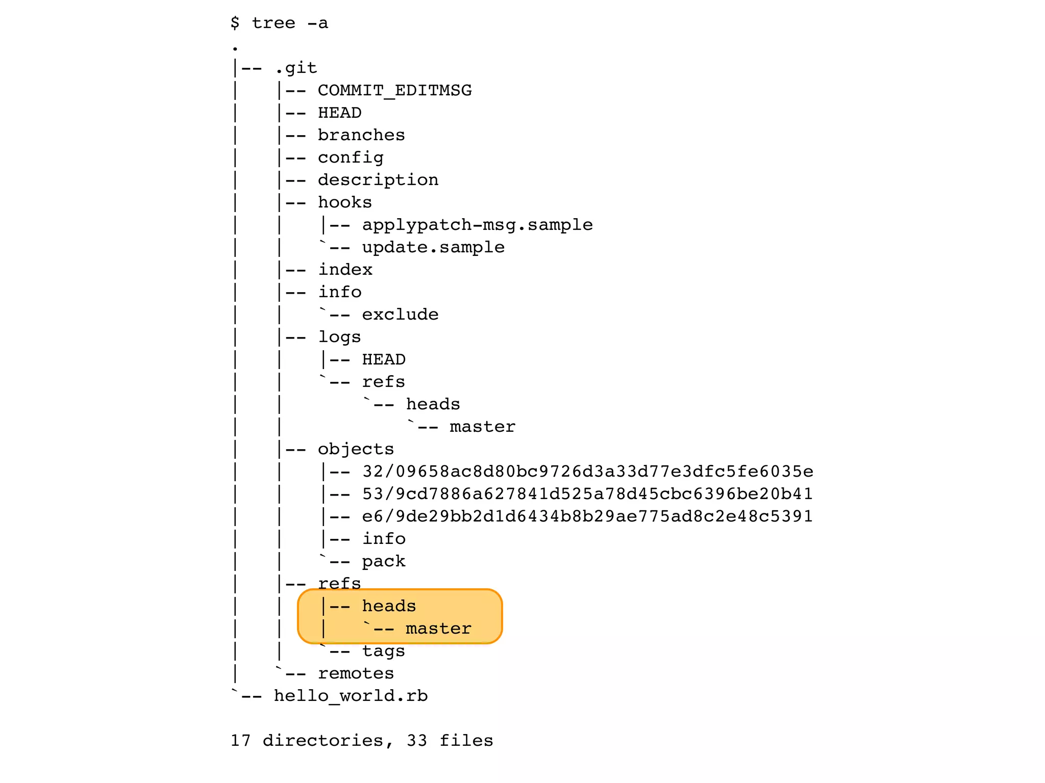 $ tree -a . |-- .git | |-- COMMIT_EDITMSG | |-- HEAD | |-- branches | |-- config | |-- description | |-- hooks | | |-- applypatch-msg.sample | | `-- update.sample | |-- index | |-- info | | `-- exclude | |-- logs | | |-- HEAD | | `-- refs | | `-- heads | | `-- master | |-- objects | | |-- 32/09658ac8d80bc9726d3a33d77e3dfc5fe6035e | | |-- 53/9cd7886a627841d525a78d45cbc6396be20b41 | | |-- e6/9de29bb2d1d6434b8b29ae775ad8c2e48c5391 | | |-- info | | `-- pack | |-- refs | | |-- heads | | | `-- master | | `-- tags | `-- remotes `-- hello_world.rb 17 directories, 33 files 