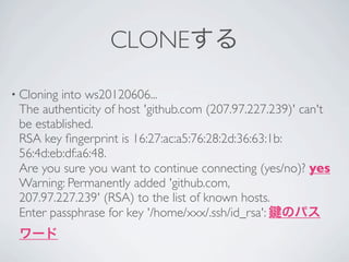 CLONEする

• Cloninginto ws20120606...
 The authenticity of host 'github.com (207.97.227.239)' can't
 be established.
 RSA key ﬁngerprint is 16:27:ac:a5:76:28:2d:36:63:1b:
 56:4d:eb:df:a6:48.
 Are you sure you want to continue connecting (yes/no)? yes
 Warning: Permanently added 'github.com,
 207.97.227.239' (RSA) to the list of known hosts.
 Enter passphrase for key '/home/xxx/.ssh/id_rsa': のパス
 ワード
 