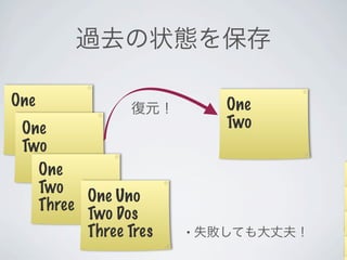 過去の状態を保存

One             復元！      One
 One                     Two
 Two
   One
   Two
         One Uno
   Three
         Two Dos
         Three Tres   • 失敗しても大丈夫！
 