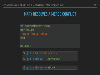 COMPARING WORKFLOWS - CENTRALIZED WORKFLOW
MARY RESOLVES A MERGE CONFLICT
52
#!	/usr/bin/env	ruby	
def	hello	
		puts	'hola	world'	
end	
hello()
$	git	add	<some-file>	
$	git	rebase	--continue
$	git	rebase	--abort
 