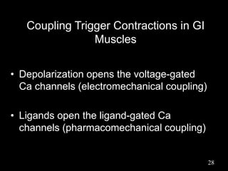 Coupling Trigger Contractions in GI
Muscles
• Depolarization opens the voltage-gated
Ca channels (electromechanical coupling)
• Ligands open the ligand-gated Ca
channels (pharmacomechanical coupling)
28
 