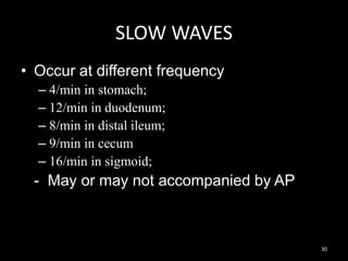 SLOW WAVES
• Occur at different frequency
– 4/min in stomach;
– 12/min in duodenum;
– 8/min in distal ileum;
– 9/min in cecum
– 16/min in sigmoid;
- May or may not accompanied by AP
30
 