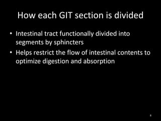 How each GIT section is divided
• Intestinal tract functionally divided into
segments by sphincters
• Helps restrict the flow of intestinal contents to
optimize digestion and absorption
8
 
