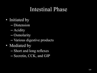 Intestinal Phase
• Initiated by
– Distension
– Acidity
– Osmolarity
– Various digestive products
• Mediated by
– Short and long reflexes
– Secretin, CCK, and GIP
109
 