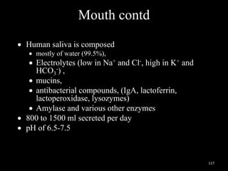 Mouth contd
 Human saliva is composed
 mostly of water (99.5%),
 Electrolytes (low in Na+ and Cl-, high in K+ and
HCO3
-) ,
 mucins,
 antibacterial compounds, (IgA, lactoferrin,
lactoperoxidase, lysozymes)
 Amylase and various other enzymes
 800 to 1500 ml secreted per day
 pH of 6.5-7.5
117
 