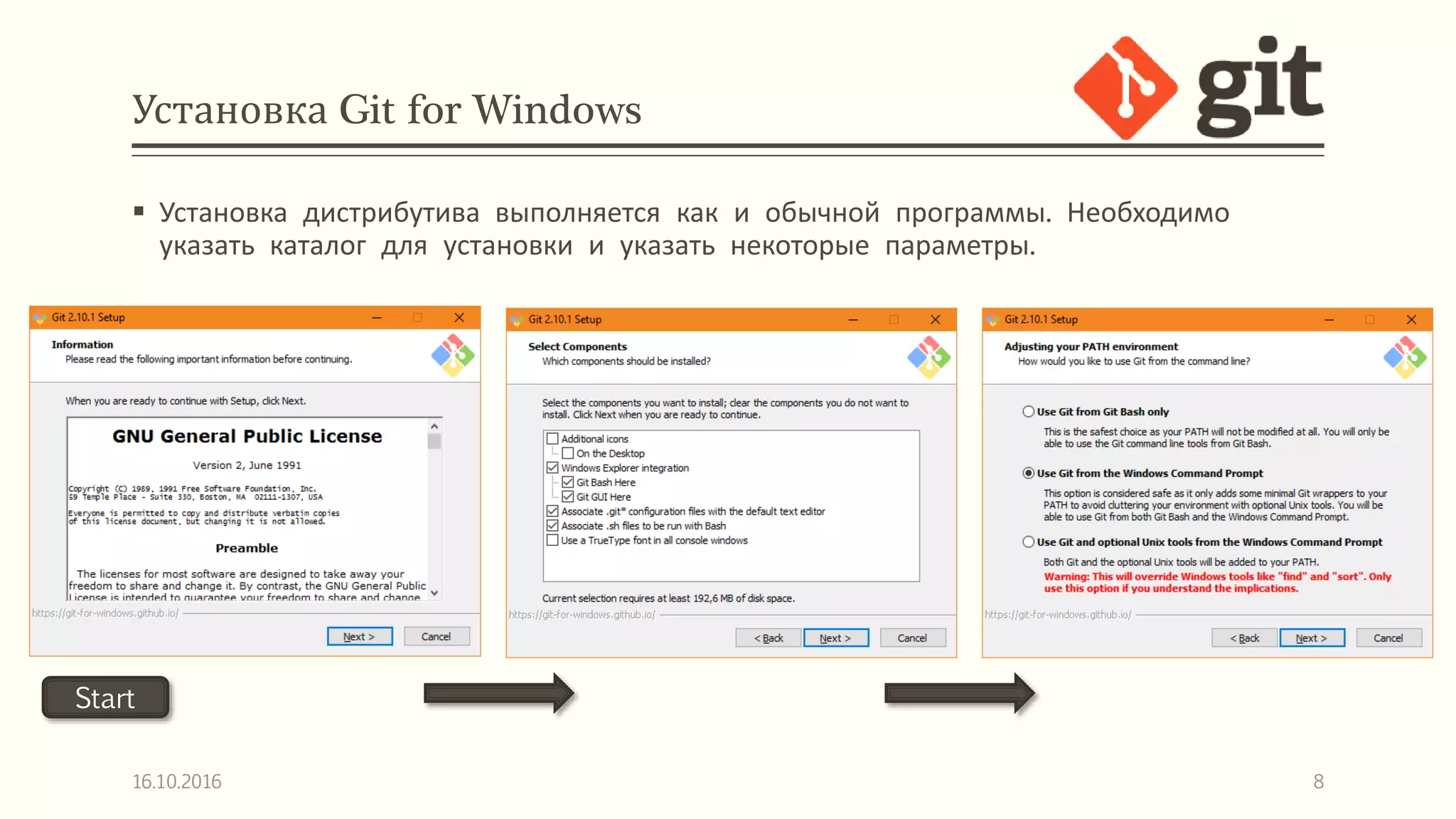 Установка Git for Windows
 Установка дистрибутива выполняется как и обычной программы. Необходимо
указать каталог для установки и указать некоторые параметры.
16.10.2016 8
Start
 