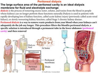 Peritoneal dialysis
The large surface area of the peritoneal cavity is an ideal dialysis
membrane for fluid and electrolyte exchange
dialysis is the process of removing excess water, solutes, and toxins from the blood in people
whose kidneys can no longer perform these functions naturally.Dialysis is used in patients with
rapidly developing loss of kidney function, called acute kidney injury (previously called acute renal
failure), or slowly worsening kidney function, called Stage 5 chronic kidney disease .
Peritoneal dialysis is a way to remove waste products from your blood when your kidneys can't
adequately do the job any longer. This procedure filters the bloodIn peritoneal dialysis, a
specific solution is introduced through a permanent tube in the lower abdomen (peritoneal
cavity) and then removed
 
