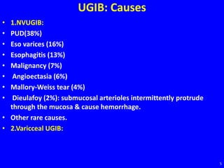 UGIB: Causes
• 1.NVUGIB:
• PUD(38%)
• Eso varices (16%)
• Esophagitis (13%)
• Malignancy (7%)
• Angioectasia (6%)
• Mallory-Weiss tear (4%)
• Dieulafoy (2%): submucosal arterioles intermittently protrude
through the mucosa & cause hemorrhage.
• Other rare causes.
• 2.Varicceal UGIB:
5
 